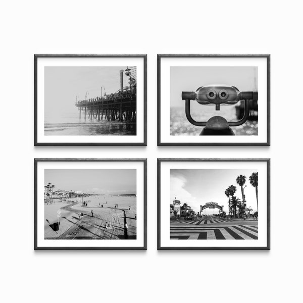 Santa Monica Set of 4 Beach Posters - Black And White Santa Monica Wall Art - Santa Monica Pier Photographt Prints - Coastal Wall Art
