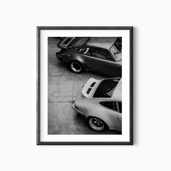 Rear View of A Vintage Black Porshe Poster -Black And White Minimalistic Porsche Wall Art-Classic Vihicle Print - Old 911 Porsche Wall Decor