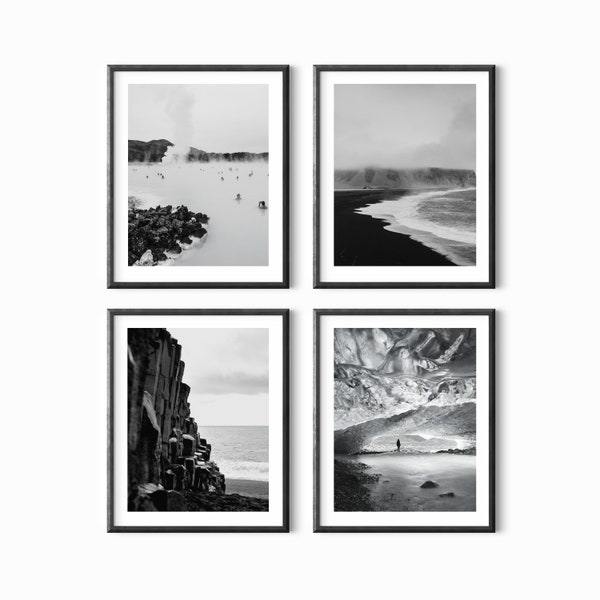 Iceland Print - Set of 4 - Iceland Wall Art - Black And White Iceland Posters - Iceland Black Beach Art - Iceland Wall Decor - Iceland Photo