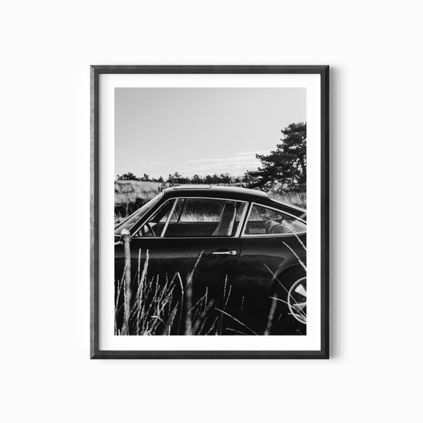 Vintage Black Porshe Parked at The Field Poster - Black And White Porsche Wall Art - Classic Vihicle Print - Old 911 Porsche Wall Art Decor