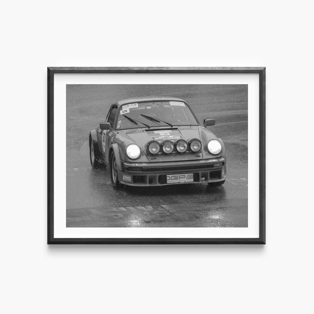 Vintage Porsche 934 Drifting in the Rain Printable Wall Art Black and