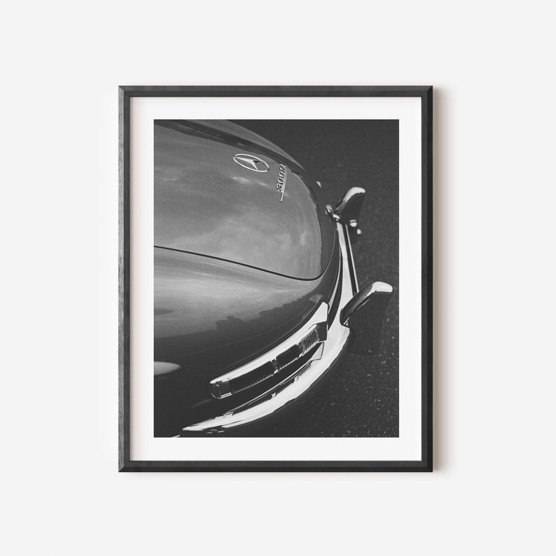 Rear View of a Vintage Mercedes 300 SL Wall Art Classic Car Poster Black and White Wall Decor