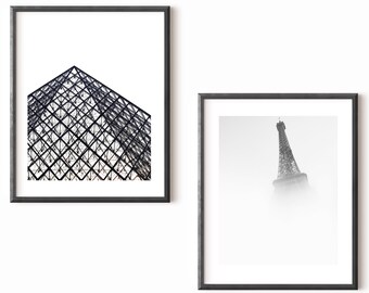 Paris Wall Art Set of 2 Posters - Arc de Triomphe Print - Louvre Print -Black and White Minimalist Wall Art -Paris Posters - France Wall Art