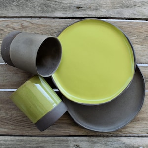 Handmade Stoneware Breakfast Set: Pistachio Green & Grey Ceramic Tableware
