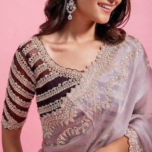 Silver work on brown raw silk Maggam work Aari work Handmade Saree Blouse . Made to your size. Can be made in any colour.
