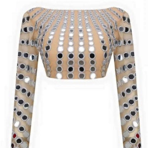 Mirror work beige handmade lehenga saree blouse