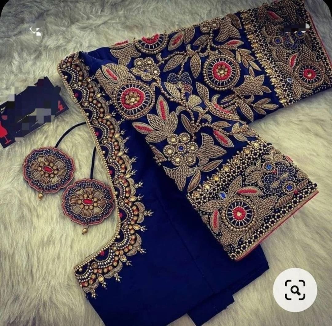 Beautiful Dark Blue Aari Work Blouse Navy Blue Maggam Work Blouse in ...