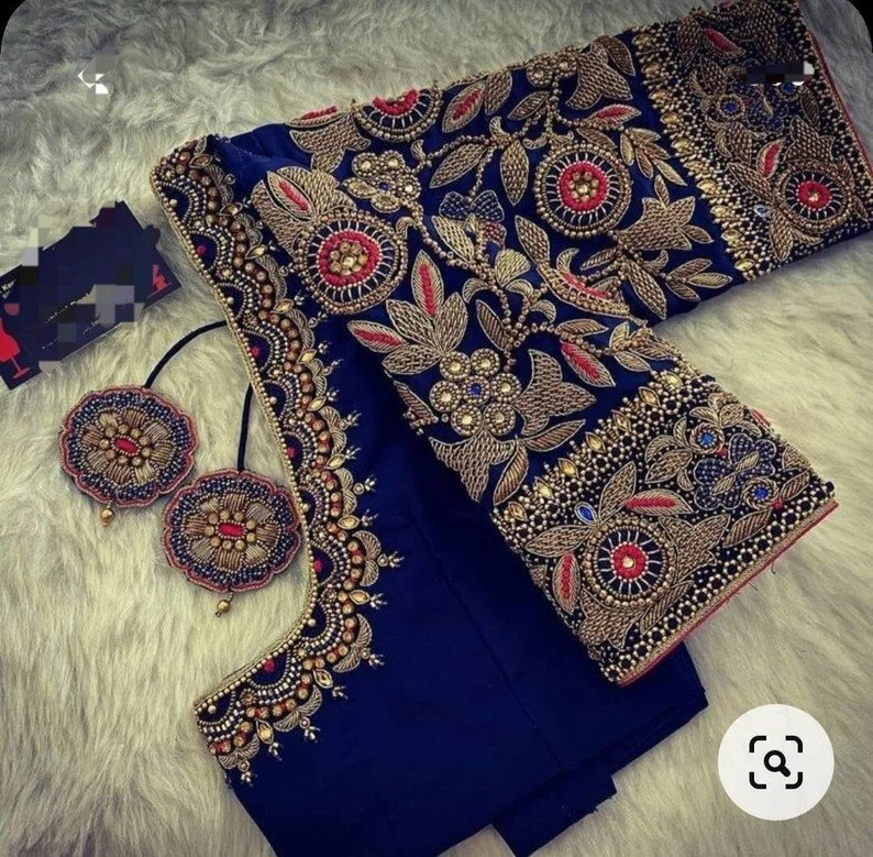 Beautiful Dark Blue Aari Work Blouse Navy Blue Maggam Work Blouse in ...