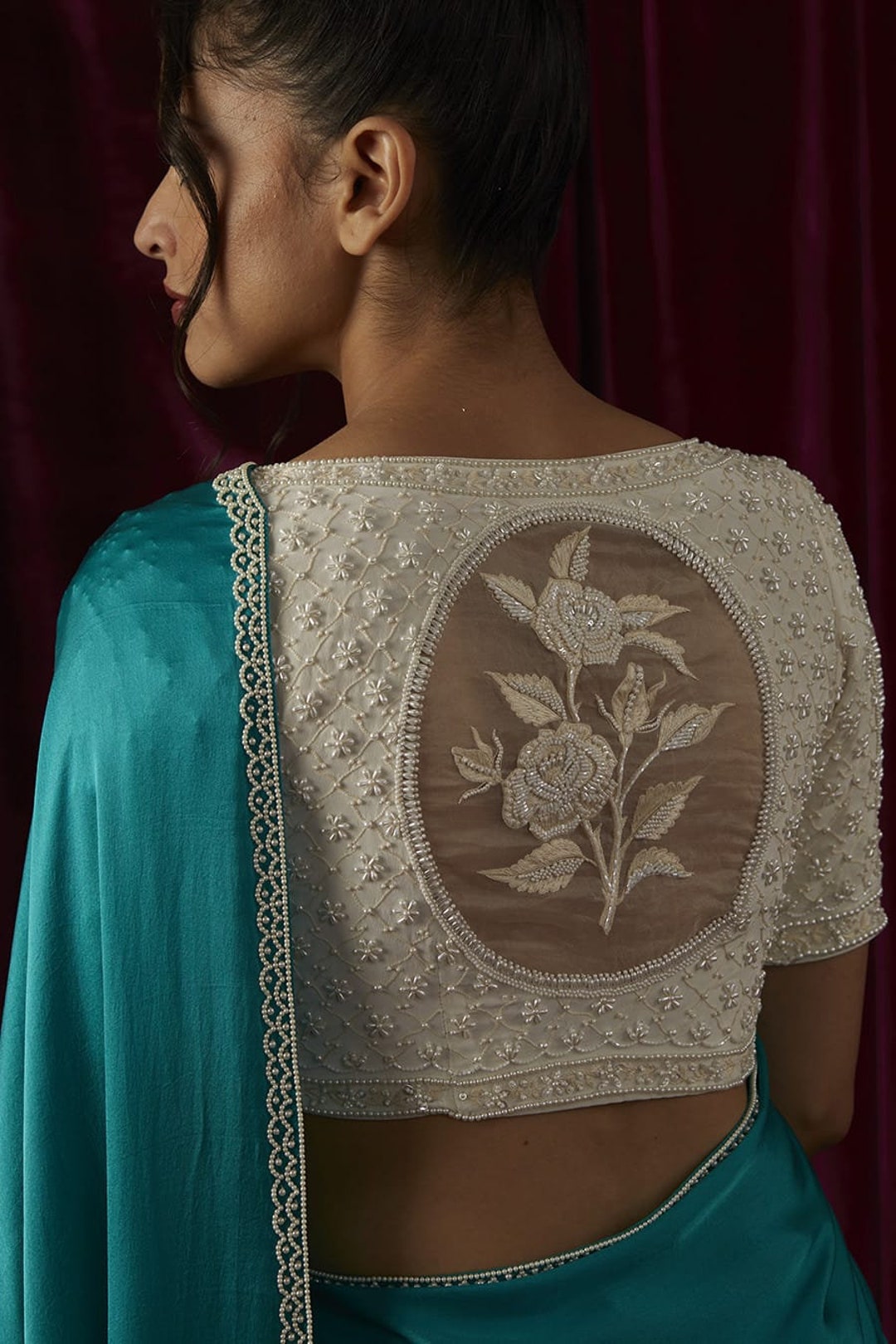 White Pearl Beaded Heavy Top Blouse Designer Saree Blouse
