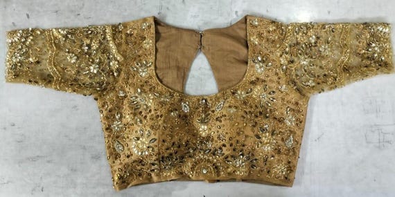 Gold Swarovski  Indiana Ethnic Top Maggam work Aari work Handmade Saree Blouse . Made to your size. Get in any colour.