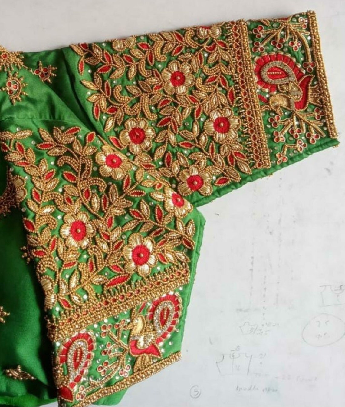 Buy Dark Green Maggam Work Aari Work Handmade Saree Blo…