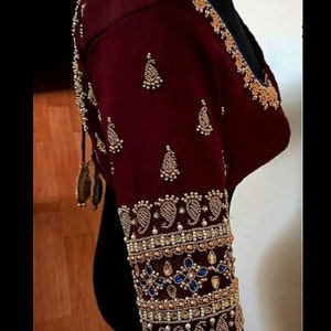 Dark Maroon Maggam work Aari work handmade Blouse | Aari work | Zardozi blouse Deep backMaggam work designs