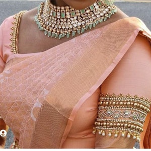 Peach Coral Maggam work | Aari work Handmade Saree Blouse . Made to your size.