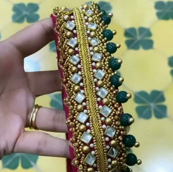 Handmade Kundan Saree Belt: Green Gold Aari Work