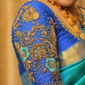 Blue Maggam work Aari work handmade Blouse | Aari work | Zardozi blouse Deep back