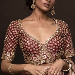 Maroon Maggam blouse peacock design Aari work handmade Blouse | Aari work | Zardozi blouse Deep back Indian ethnic top