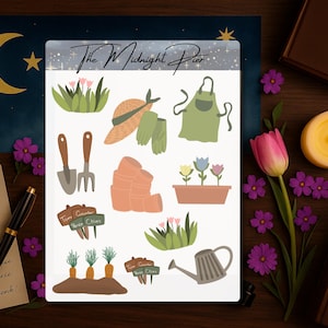Gardening Sticker Sheet – Gloves, Tulips, Clay Pots, Watering Can, Carrots