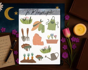 Foglio di adesivi da giardinaggio: guanti, tulipani, vasi di terracotta, annaffiatoio, carote