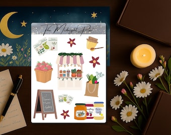 Farmers Market Sticker Sheet – Fresh Produce, Jam Jars, Seed Packets, Flowers, Honey