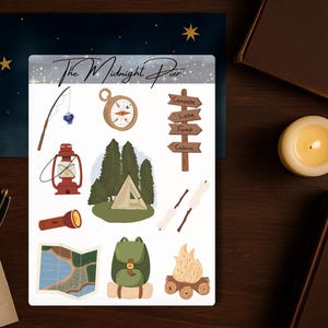 Camping Season Sticker Sheet – Pine Trees, Lantern, Backpack, Campfire
