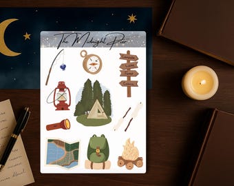 Camping Season Sticker Sheet – Pine Trees, Lantern, Backpack, Campfire