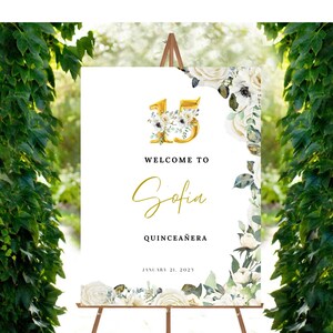 Quinceañera Welcome Sign | Sweet 15 Sign | Mis Quince Años | Gold Font | White Flowers | DIY Printable  | quince primaveras