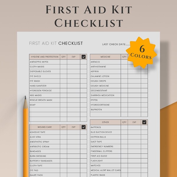 EHBO-kit checklist afdrukbare PDF-sjabloon, noodchecklist voor rampenvoorbereiding, EHBO-voorraadlijst, A4/A5/US Letter PDF