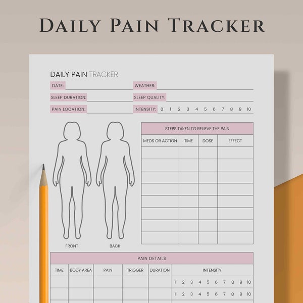 Daily Pain Tracker, Pain Log, Health Tracker Printable, Chronic Pain Tracking, Pain Relief Log, Body Pain Diary, A4, A5, US Letter PDF