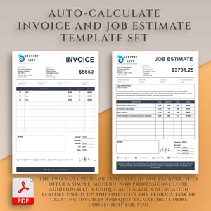 Invoice Template and Job Estimate Set, Auto-Calculate Professional Invoice and Receipt Template, Price Quote PDF & MS Word