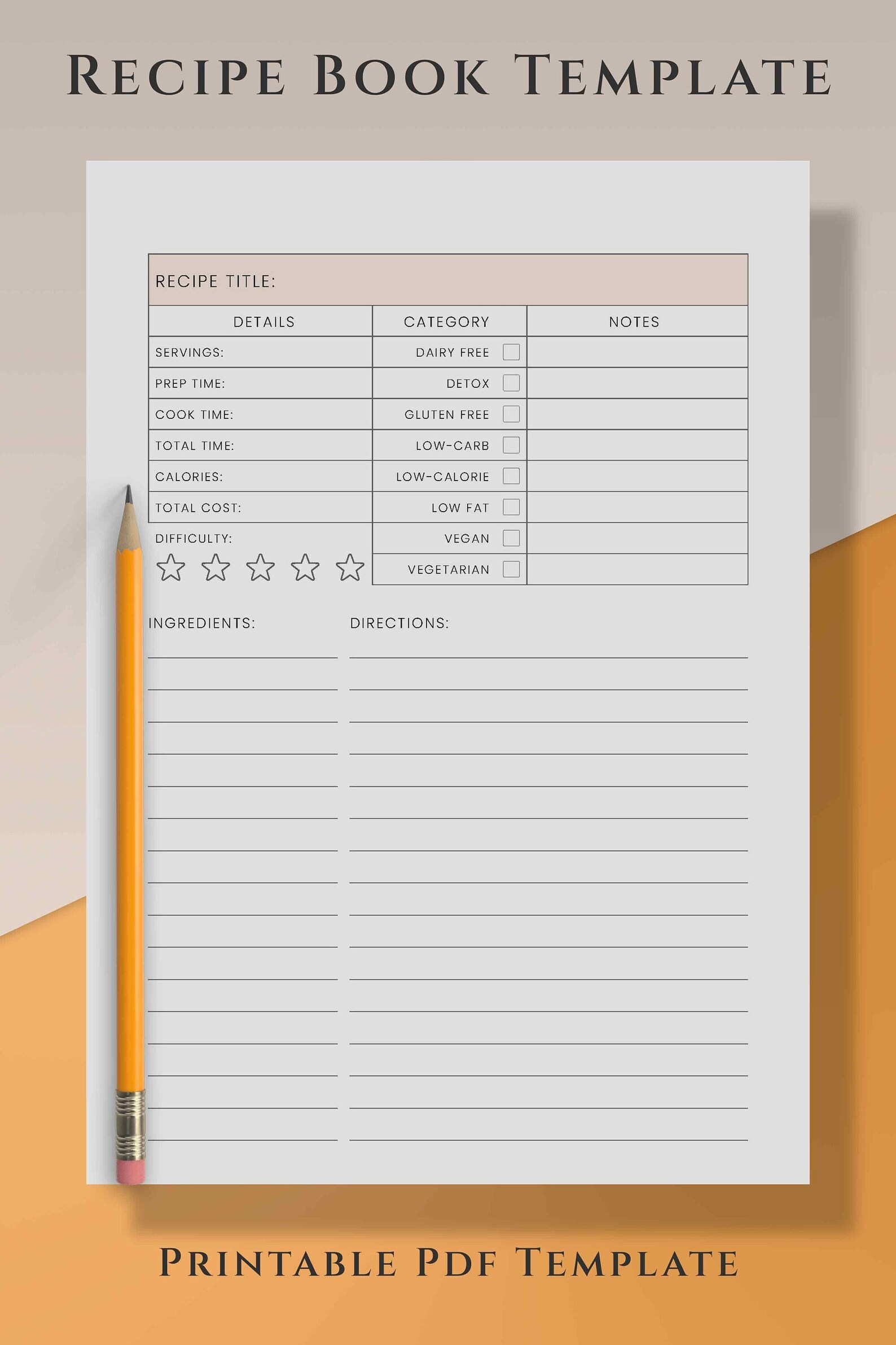 Recipe Book Template PDF Printable Recipe Card Template Etsy