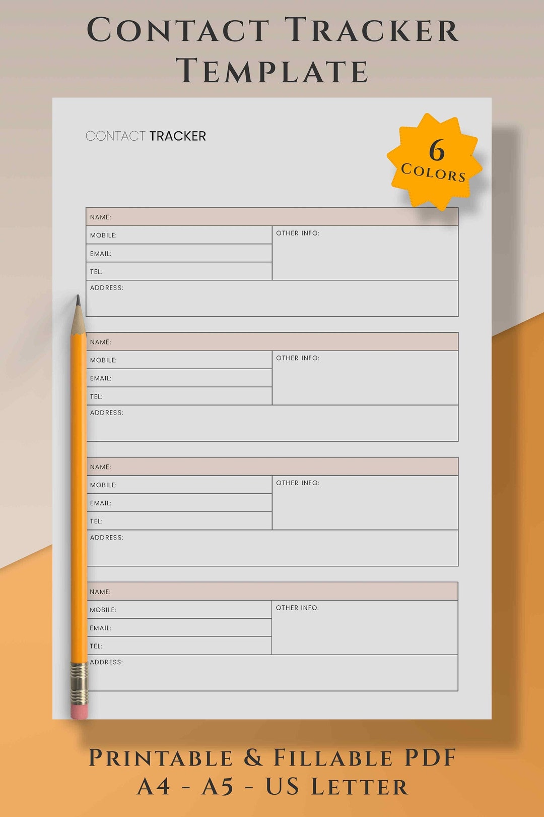 Printable Contact Tracker Template PDF, Digital Address Book, A4/A5/US Letter Fillable and