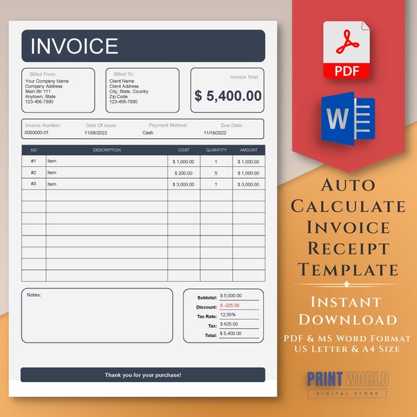 Professional Auto-Calculate Invoice PDF Template, Word Invoice Template, Simple and Clean Receipt Template