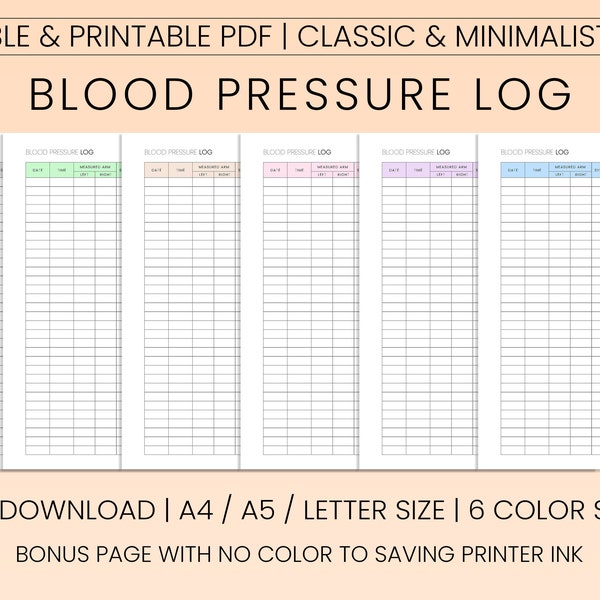 Blutdruck-Log bearbeitbar, Blutdruck-Tracker druckbar, medizinischer Tracker, BD-Tracker. Täglicher Blutdruck, Blutdrucktabelle