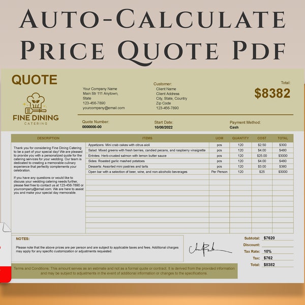 Auto-Calculate Price Quote Template, Customizable Job Proposal Template, Job Estimate, Catering Price Quote, Contractor Bid Template PDF