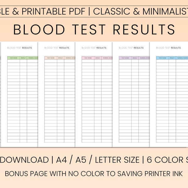 Tracker dei risultati degli esami del sangue, Registro sanitario, Modello dei risultati degli esami del sangue, PDF compilabile, PDF stampabile, Lettera A4/A5/US