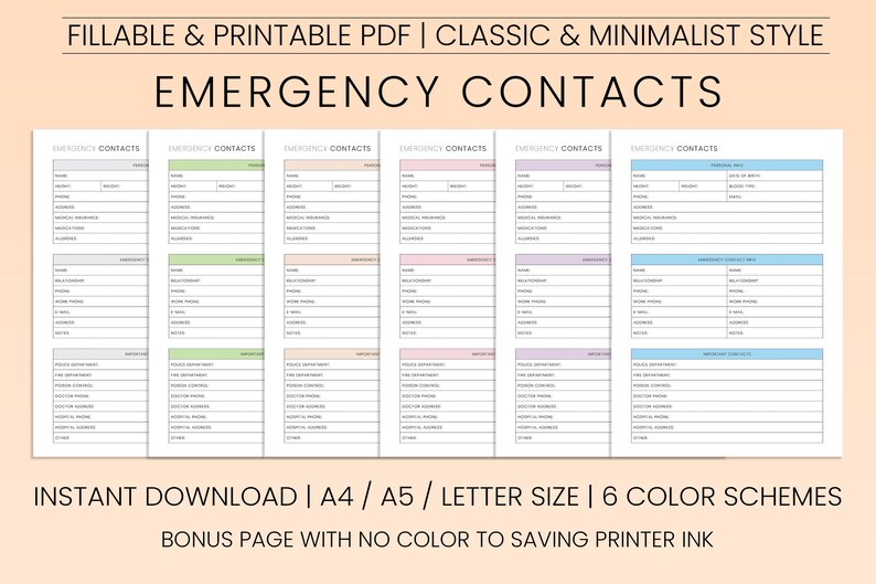 Printable Emergency Contacts Template PDF, Family Emergency Contact Printable Emergency Contacts Template PDF, Family Emergency Contact