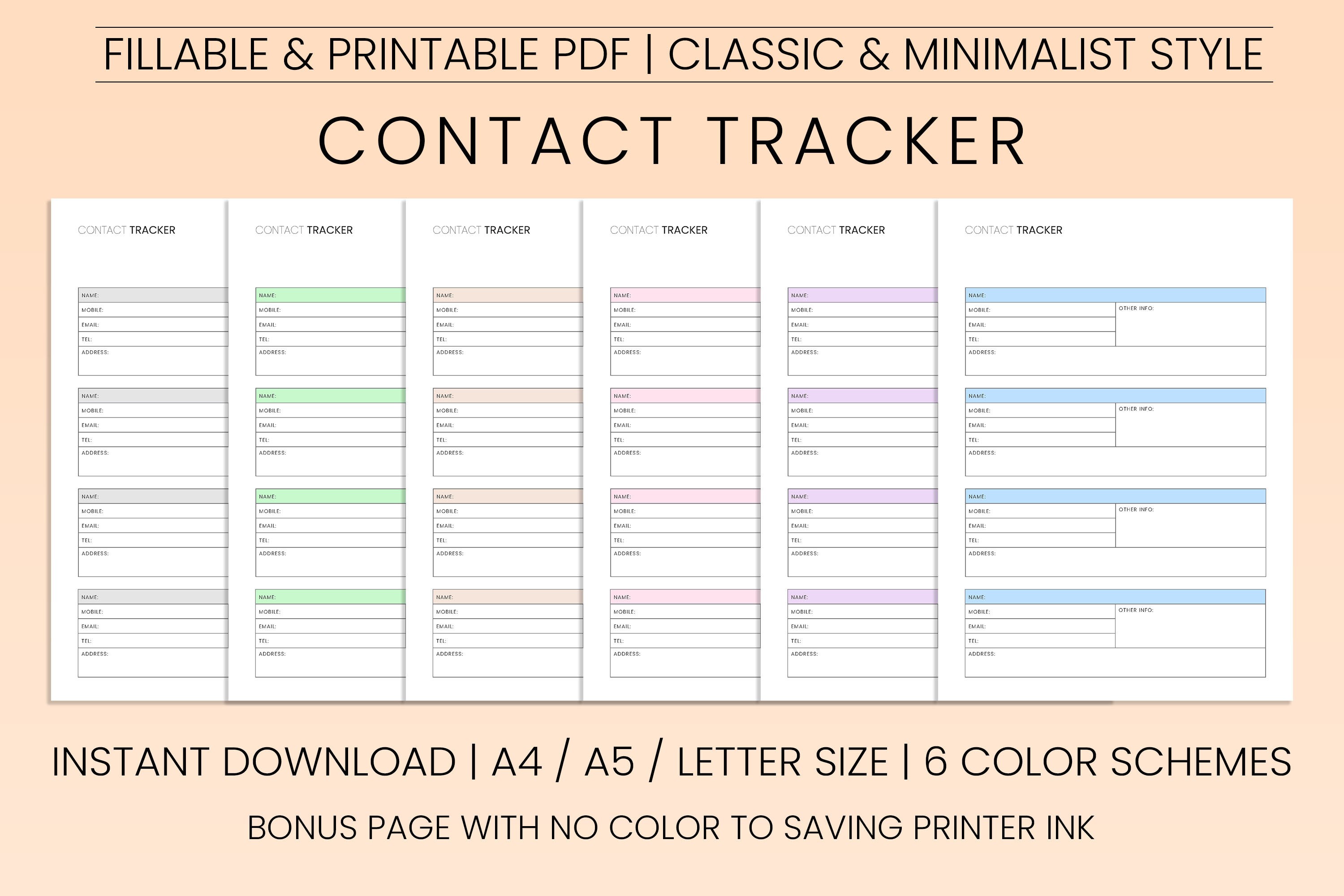 Printable Contact Tracker Template PDF, Digital Address Book, A4/A5/US