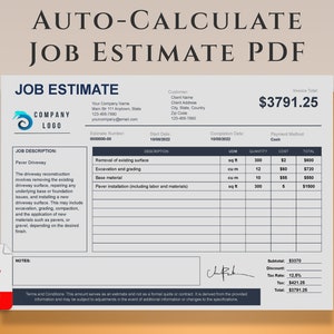 Bid Estimate Template with Auto-Calculation, Customizable Job Estimate Template, Construction Estimate, Contractor Bid Template PDF