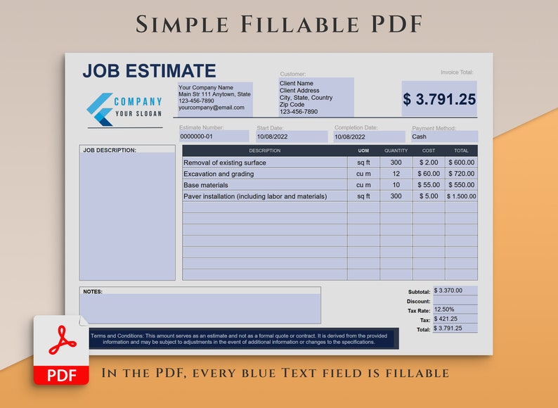 Autocalculate Job Estimate Template, Customizable Job Proposal