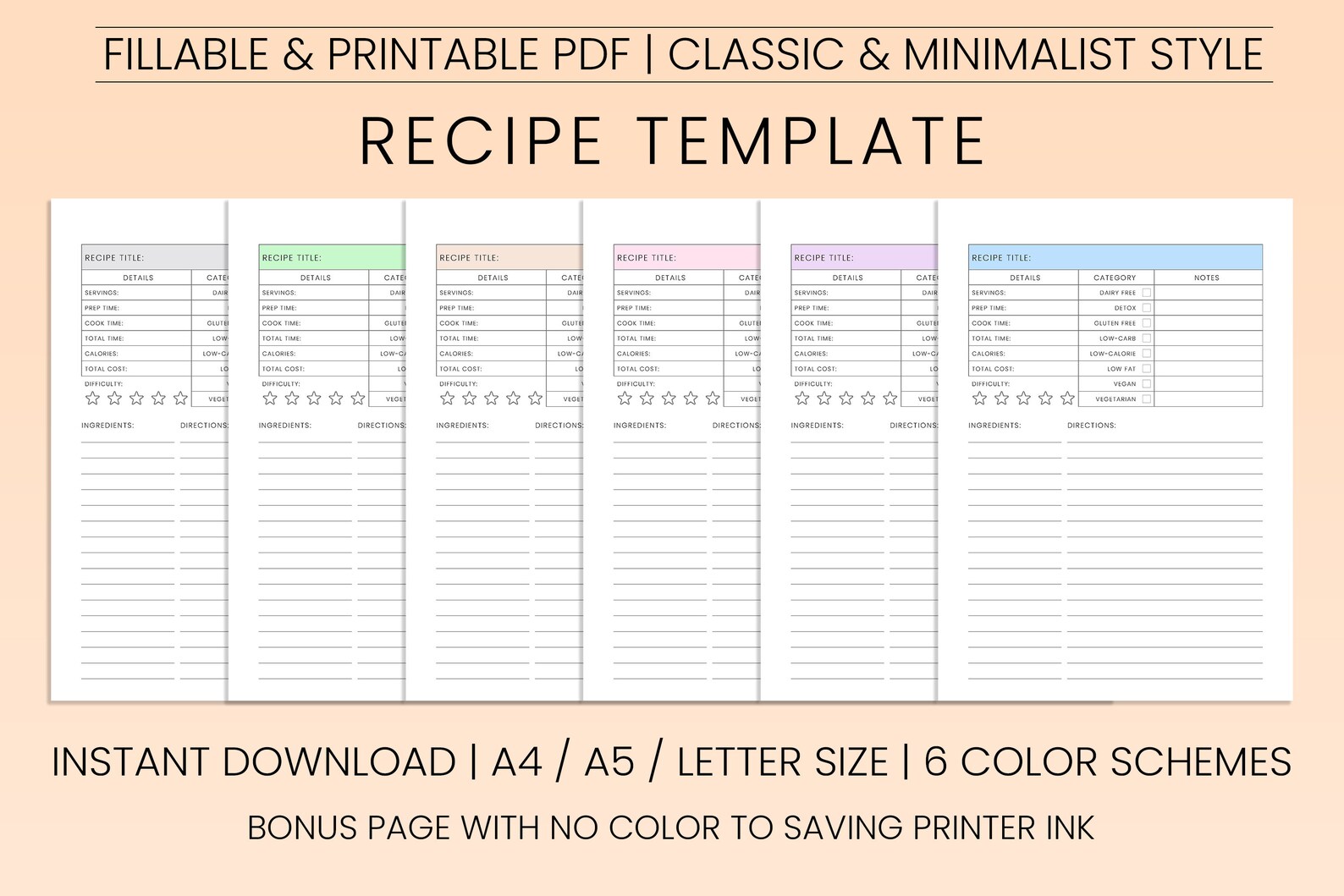 Recipe Book Template PDF Printable Recipe Card Template Etsy