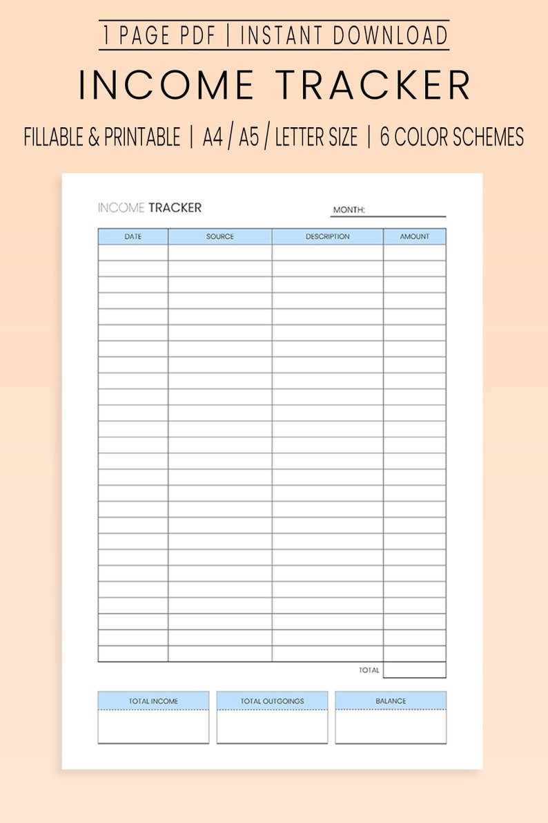 Income Tracker Editable &amp; Printable PDF Template Money - Etsy