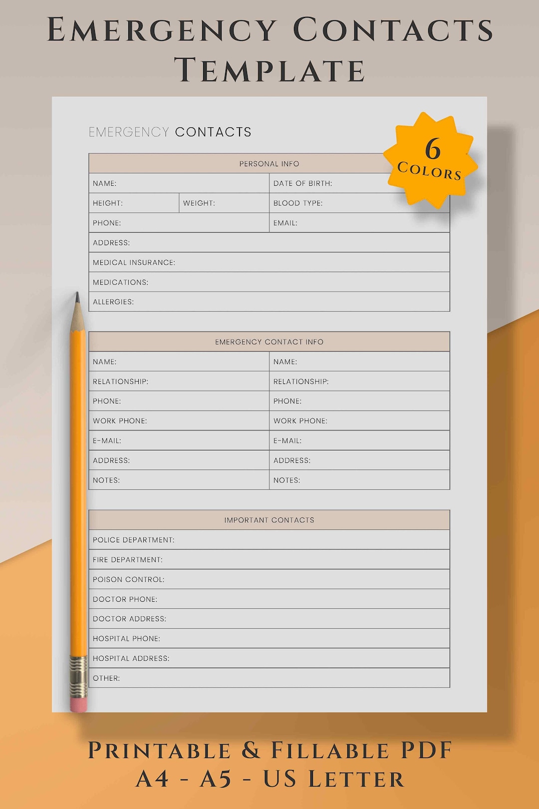 Printable Emergency Contacts Template PDF, Family Emergency Contact Printable Emergency Contacts Template PDF, Family Emergency Contact