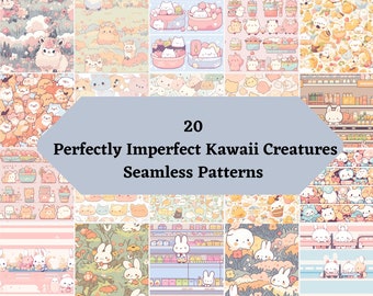 Seamless Patterns Set of 20 Perfectly Imperfect Kawaii Creatures Journal Paper Printable Digital Paper Background Printable Paper