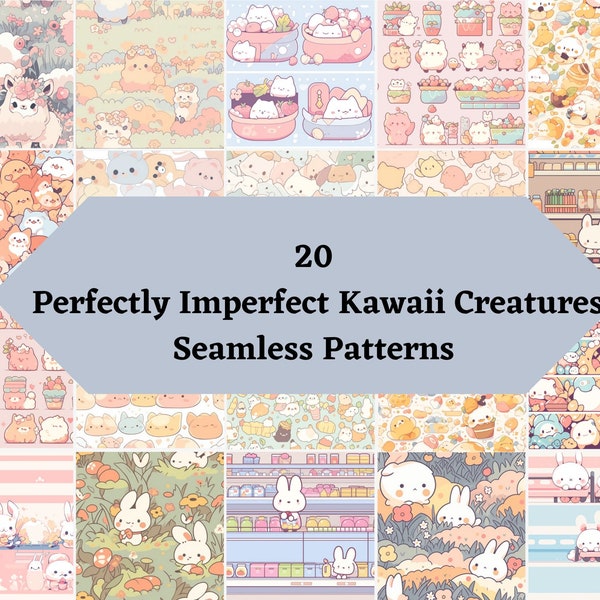 Naadloze patronen set van 20 perfect imperfecte kawaii wezens dagboek papier afdrukbare digitale papier achtergrond afdrukbaar papier