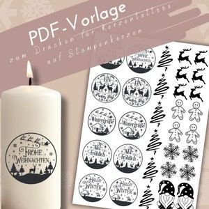 PDF template winter greetings candle tattoo for pillar candles | Christmas candle sticker Advent light | Winter magic DIY Santa Claus gift