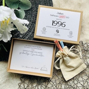 Könnte beinhalten: Zwei offene Geschenkboxen mit aufgedrucktem Text, eine mit der Aufschrift "Julian Software UPDATE 3.0 ROLLOUT 1996", die andere mit einem Zitat. Ein kleiner Kordelzugbeutel mit bunten Stiften befindet sich in der Nähe. Die Boxen stehen auf einer strukturierten Oberfläche.