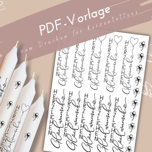 Könnte beinhalten: Ein Blatt weißes Papier mit schwarzem Text, der mehrmals "HERZLICHEN Glückwunsche" lautet. Der Text ist in einer kursiven Schriftart. Auf dem Papier befinden sich auch kleine Kleeblätter. Das Papier ist mit "PDF-Vorlage zum Drucken für Kerzentattoos" beschriftet.