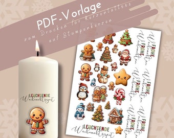 PDF bunte Lebkuchen Vorlage Kerzentattoo für Stumpenkerzen Weihnachten farbig Kerzensticker Adventslicht Winterzauber Adventszeit