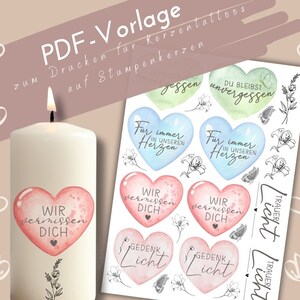 Modèle PDF de lumière commémorative de tatouage de bougie | autocollants de bougie de deuil aimants | Concevoir des bougies DIY | bougies de deuil faites maison | Bougies commémoratives