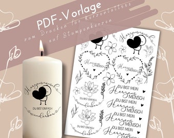 Kerzentattoo PDF Herzensmensch Vorlage  für Stumpenkerzen | Lieblingsmensch Kerzensticker | DIY Kerzen gestalten | selbstgemachtes Geschenk